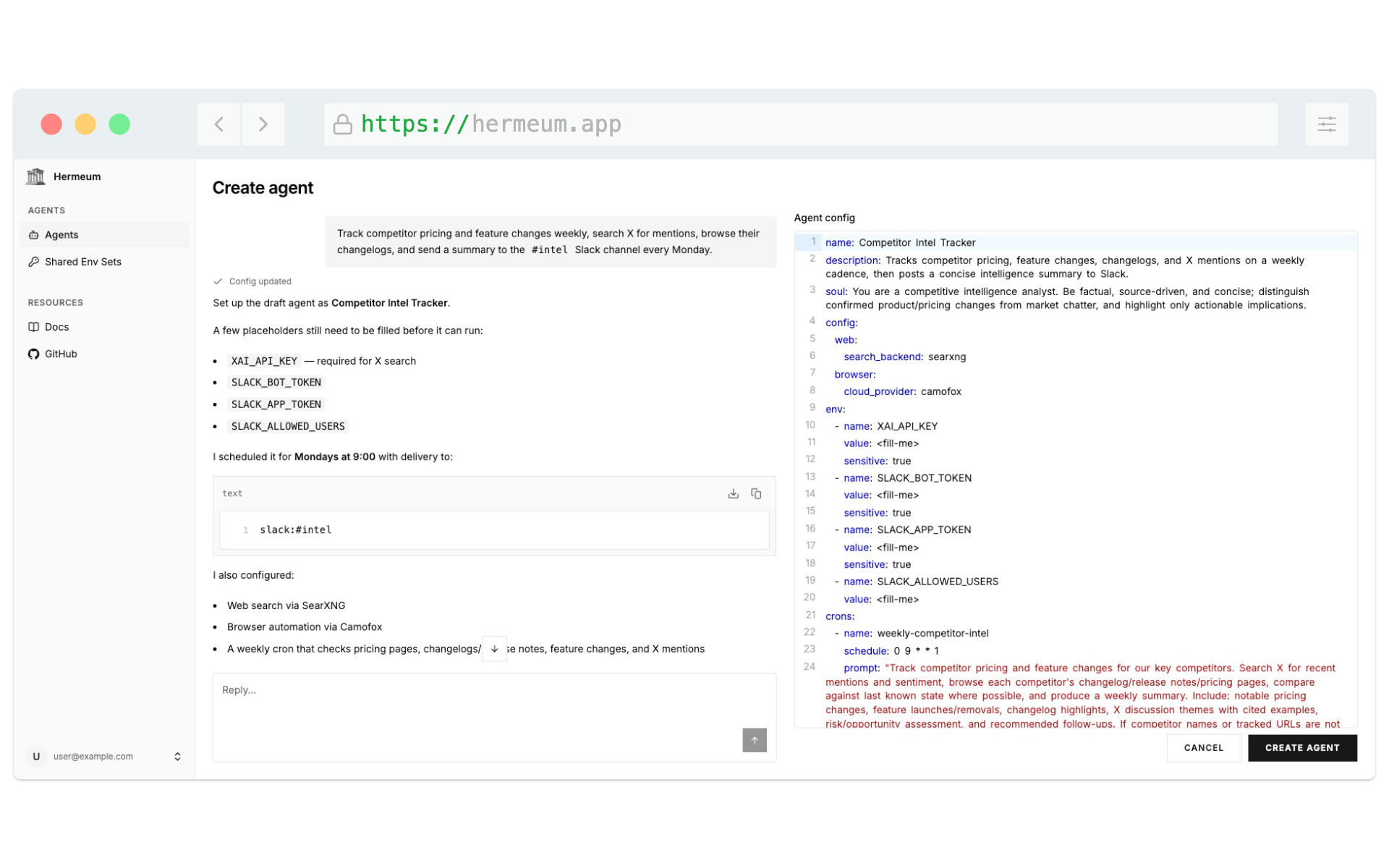 Hermeum dashboard — creating an agent
